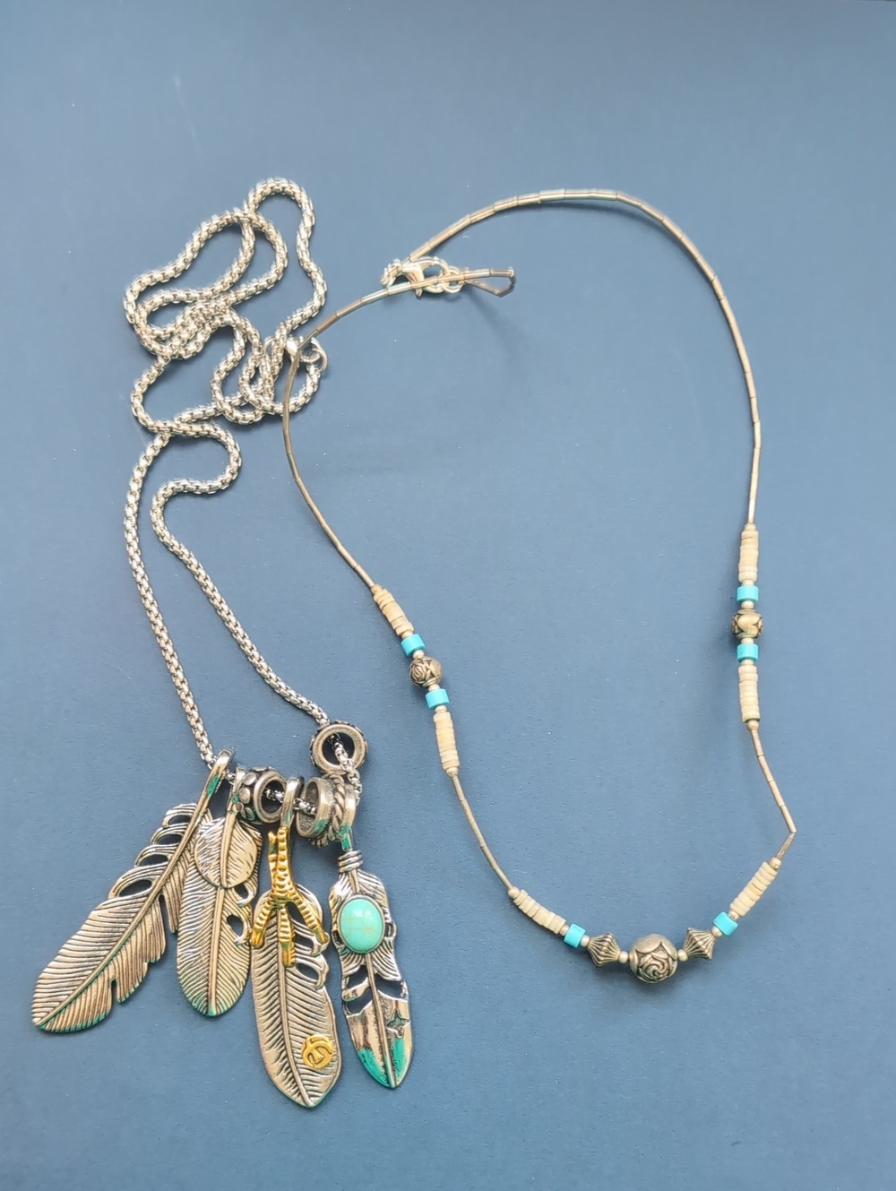 Feather Charm Pendant Necklace & Liquid Silver Beaded Necklace